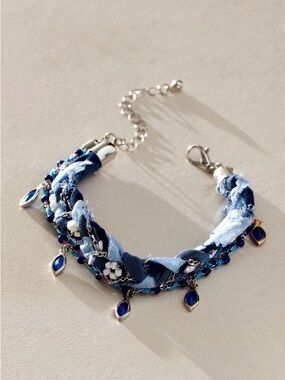 Free People Doe Bracelet Braided Blue Fabric and Charm Bracelet - Women Jewelry